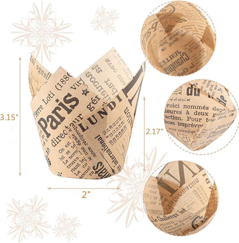200pcs Tulip Cupcake & Muffin Tins Liners, 2” Standard Newspaper Pattern Paper Baking Cups Nature and White...