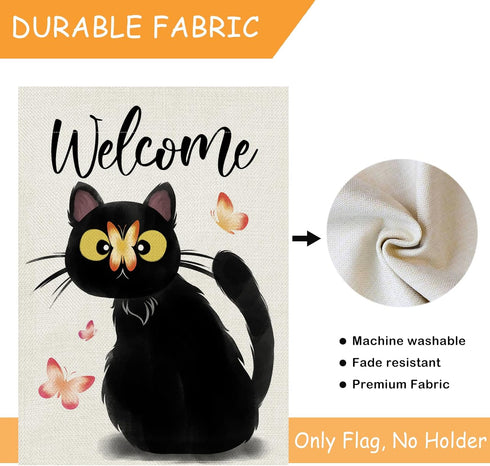 Welcome Black Cat Decorative Garden Flag, Cute Kitten Butterfly Home Yard Outdoor Decor Cat Lover Gifts, Spring Summer Seasonal Small Outside Deco...