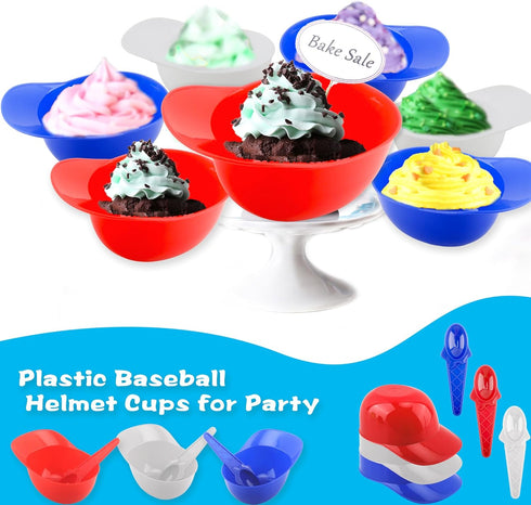 12 Pack Baseball Helmet Ice Cream Bowl 8 oz Plastic Baseball Cap Chip Bowl with 12 Pack Disposable Dessert Taster Spoons for Kids Birthday Ice Cre...