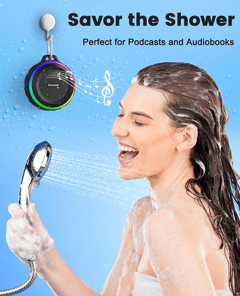 Kunodi Bluetooth Shower Speaker with IPX7 Waterproof, Dynamic Lights, Crisp Clear Sound, True Wireless Stereo, Clip Portable for Pool Beach Boat K...