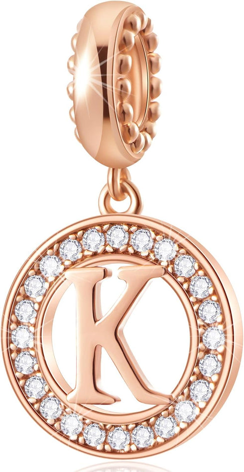 Initial A-Z Letter Charm Bead, Alphabet Charms Rose Gold, Authentic 925 Sterling Silver Charms fit Pandora Charm Bracelets, Necklace, Circle Dangl...