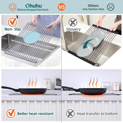Ohuhu Roll Up Dish Drying Rack, Over The Sink Multipurpose Roll-Up Dish Racks, 16.5" W x 13" L Rolling Heat-Resistant Anti-Slip Silicone Coated Di...