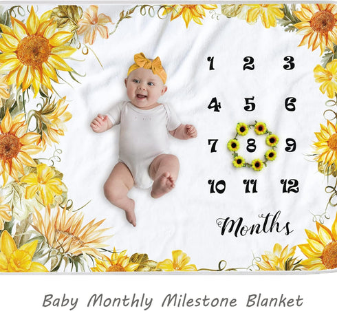 Sunflower Baby Monthly Milestone Blanket Girl, Floral Newborns Month Blanket Gift for Baby Shower, Soft Plush Photo Prop Blanket, Wreath &Headband...
