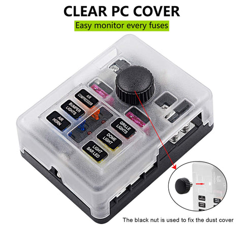 6 Way Fuse Block W/Negative Bus - ATC/ATO 6 Circuit Fuse Box with Ground, with Negative Bus & Protection Cover, Bolt Connect Terminals, 70 pcs Sti...
