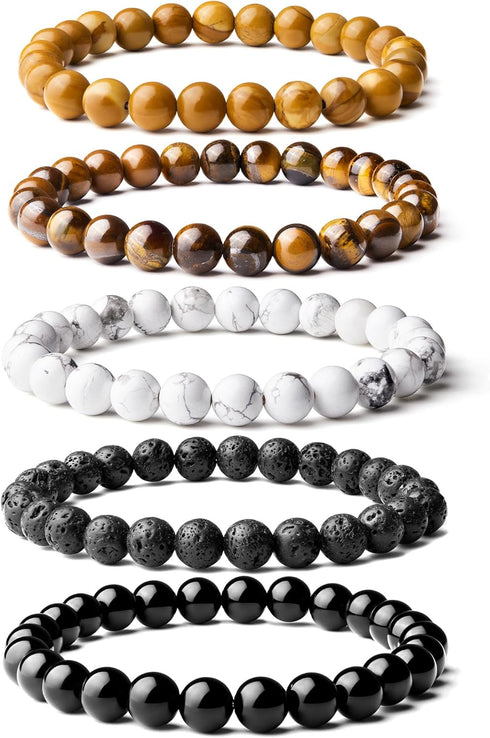 5pcs Bracelets set for Men, Natural Stone Mens Beaded Bracelets, 8mm Tiger Eye Lava Rock Black Agate Bracelet...