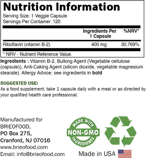 Brieofood Vitamin B2 (Riboflavin) 400mg, 120 Veggie Capsules - Gluten Free, Non-GMO...