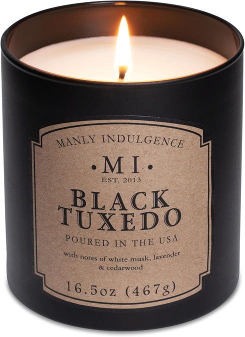 Manly Indulgence Black Tuxedo Jar Candle 16.5 oz - White Musk, Lavender, Cedarwood, Jasmine & Earthy Orris - Up to 60 Hour Burn - Soy Blend Wax, U...
