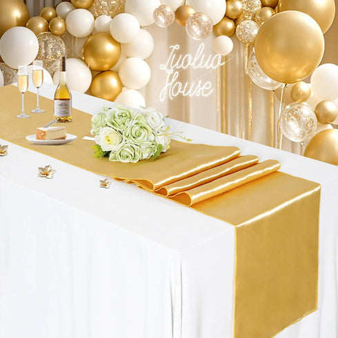 5 Pack Satin Table Runners 12 x 108 inches Long Silk and Smooth Fabric Gold Table Runner for Party Wedding Banquet Birthday Graduations Decoration...