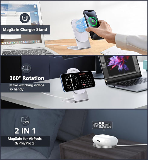 Magnetic Wireless Charger Mag-Safe Charger for iPhone 15/14/13/12 Series Convertible Magnet Wireless Charging Stand/Pad with Dual Charging Ports 5...