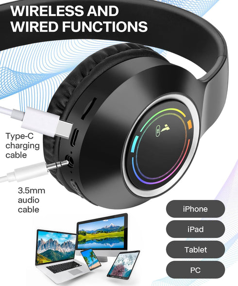 Kids Bluetooth Headphones, Wireless Headphones for Kids, Built-in Microphone, LED Lights, Noise Cancelling for Boys Girls Ages 6-18 or Adults (Bla...