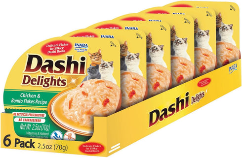 INABA Dashi Delights for Cats, Shredded Chicken with Bonito Flake Broth, 2.5 Ounce Cup, 6 Cups Total, Chicken & Bonito Flakes Recipe...