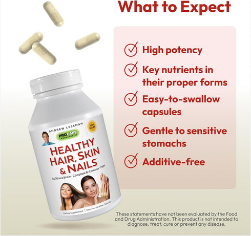 ANDREW LESSMAN Healthy Hair, Skin & Nails 60 Capsules – 5000 mcg High Bioactivity Biotin, B-Complex - Promotes Beautiful Hair, Skin, Strong Nails ...
