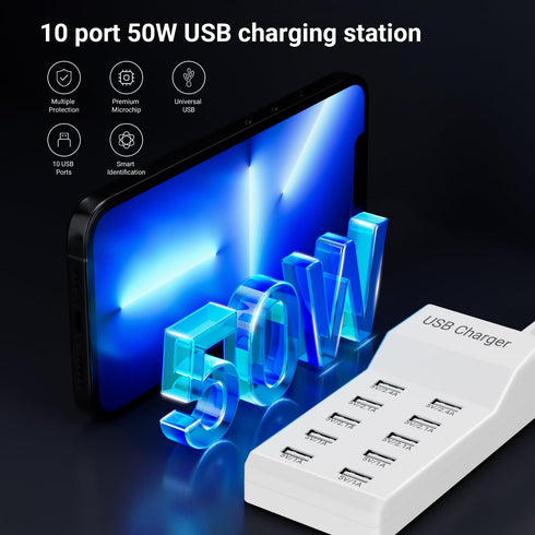 USB Charging Station 50w10A 10-Port USB Charger, Multiport USB Charger Station Hub, Compatible with iPhone, Galaxy, iPad Tablet, and Other USB Cha...