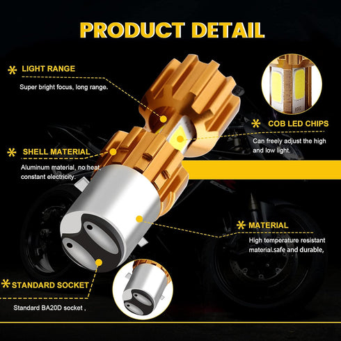 YM E-Bright BA20D Motorcycle bulb Lamp 3 COB 18W LED Bulbs High Low Beam White Pack of 2...