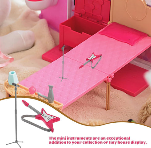 LUOZZY 2 Sets Miniature Musical Instruments Mini Electric Guitar and Fake Microphone Set 1/12 Scale Dollhouse Accessories...