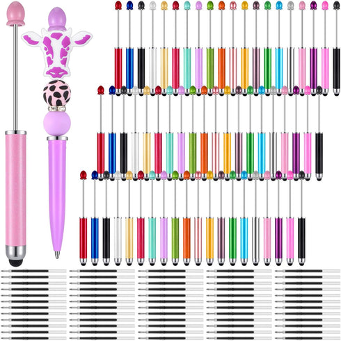 60 Pcs Plastic Stylus Beadable Pens 2 in 1 Stylus Bead Pen Black Ink with Stylus Tip for DIY Making Gift Kids Students Office School Supplies...