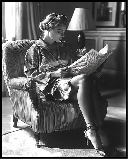 Posterizer 1 pcs-20th-century glamour photography black and white photo of woman reading newspaper 1-Photography Art-Retro Art- unframed wall art...