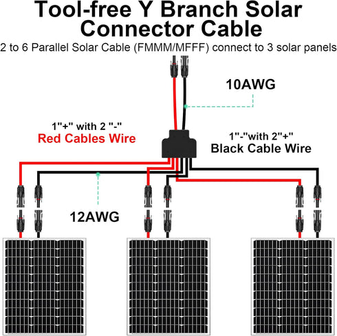 Solar Connectors Cable for 3 Solar Panels, Parallel 10AWG Solar Panel Connectors Y Branch Adapter Tool-free (FMMM/MFFF)...