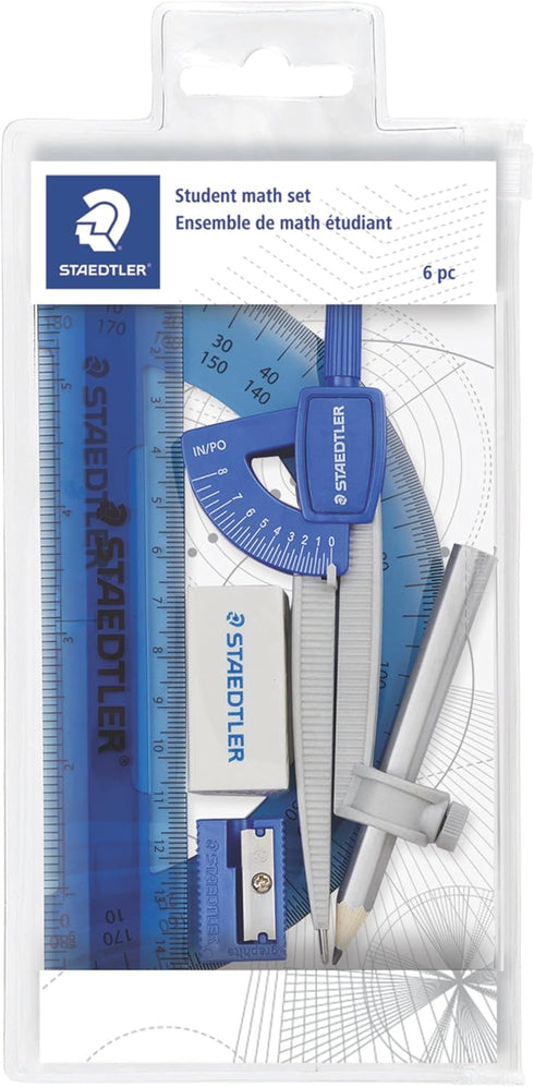 STAEDTLER Student Math Set - Essential School Supplies with 6-Piece - Compass, 6in Ruler, 180° Protractor, Pencil, Eraser & Sharpener in Zippered ...
