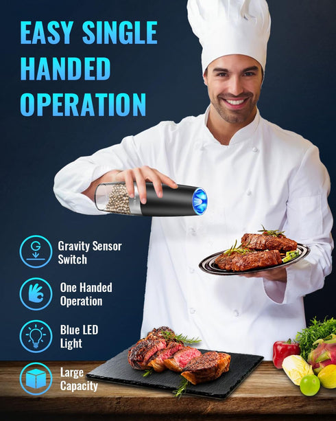 Sweet Alice Gravity Electric Pepper/Salt Grinder, Salt or Pepper Mill & Adjustable Coarseness, Battery Powered with LED Light, One Hand Automatic ...