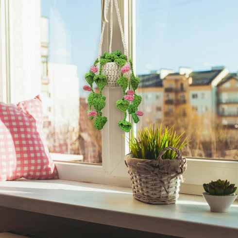 Crochet Hanging Plant for Car Cute Potted Plants Crochet Decor Car Mirror Hanging Accessories Rear View Ornament Hanging Boho Handmade Knitted Pen...
