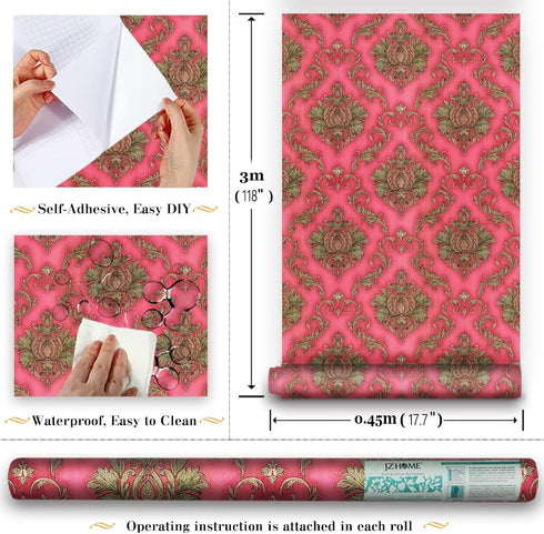 Y9151 Luxury Damask Wallpaper Peel and Stick 17.7in x 9.8ft Red Self Adhesive Removable Contact Paper Damask Furniture Decor Paper Vinyl Film Home...