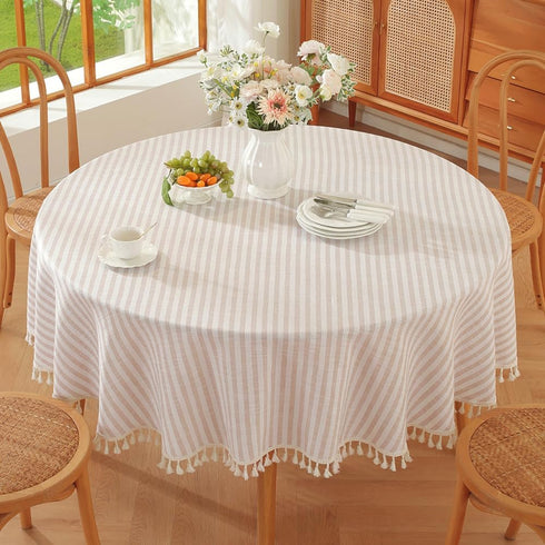 TruDelve Small Round Table Cloth 60 Inch Beige Striped Cloth Tablecloth Boho Fall Round Tablecloths for Outdoor Table Cover (Beige,60",Round)...