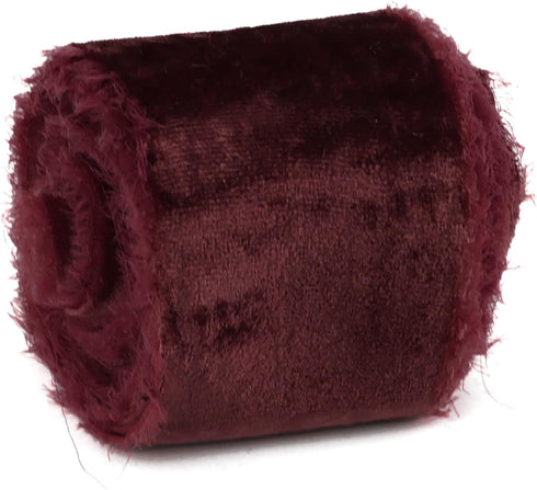 HUIHUANG Burgundy Velvet Ribbon 2 inch Frayed Silk Velvet Fringe Ribbon for Flower Bouquet, Gift Wrapping, Invitations, Holiday Christmas Decor, W...