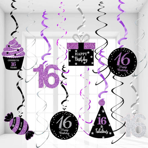 Sweet 16 Birthday Decorations Purple Silver Black for Women/Girl 16th Birthday Party Decorations Purple Silver Black Foil Hanging Swirls Decoratio...