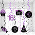 Sweet 16 Birthday Decorations Purple Silver Black for Women/Girl 16th Birthday Party Decorations Purple Silver Black Foil Hanging Swirls Decoratio...