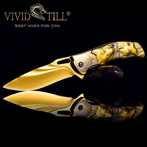 Pocket Knife for Men, Folding Knife With Clip & 3D TITANIUM PLATED WOLF Relief, Embossed Edc Knife For Men Outdoor Survival Camping Hiking hunting...