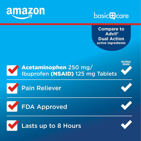 Amazon Basic Care Dual Action Acetaminophen 250 mg and Ibuprofen (NSAID) 125 mg Tablets, Pain Reliever for Headache Relief, Arthritis Pain Relief ...