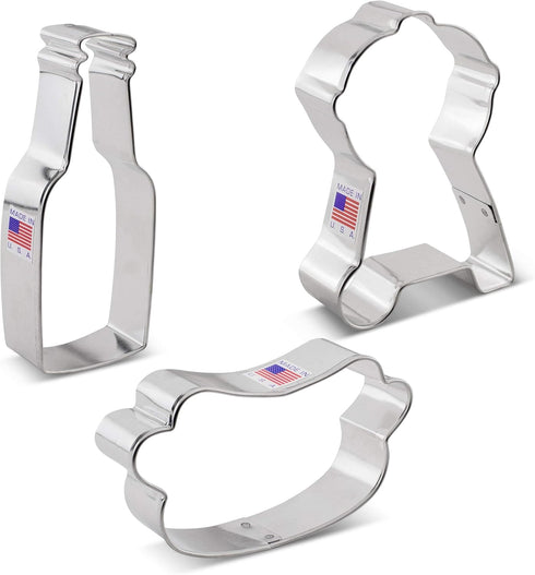 Father's Day BBQ Gril Cookie Cutters 3-Pc Set Made in the USA by Ann Clark, Beer/Soda Bottle, Hot Dog, BBQ Grill...