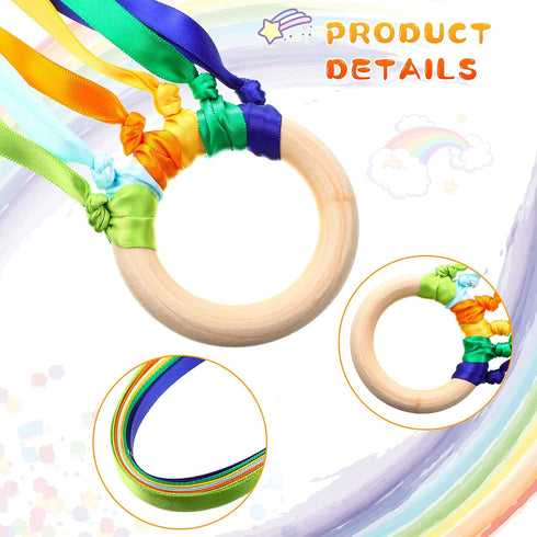 6 Pieces Ribbon Hand Kite Montessori Hand Kite Toy Creative Waldorf Toy Ribbon Streamer with Wood Ring Rainbow Wind Wand Learning Educational Hand...