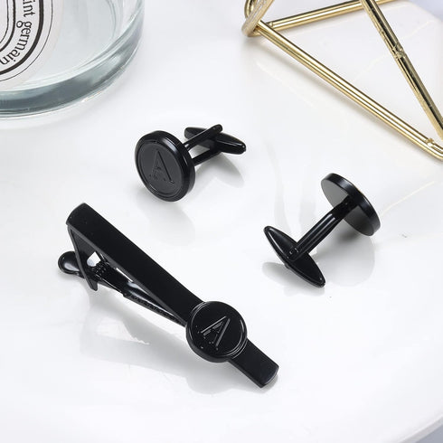 Jstyle Black Initial Cufflinks and Tie Clip Set for Men Personalized Stainless Steel Tuxedo Shirt Cuff Links and Tie Bar Letter Alphabet A-Z Gift ...