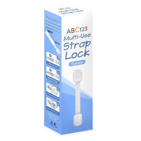 ABC123 - Child Safety Strap Locks (5 Pack) for Baby Proofing Cabinets, Drawers, Fridge & Toilets - Adjustable Strap Latches with Strong Adhesive, ...