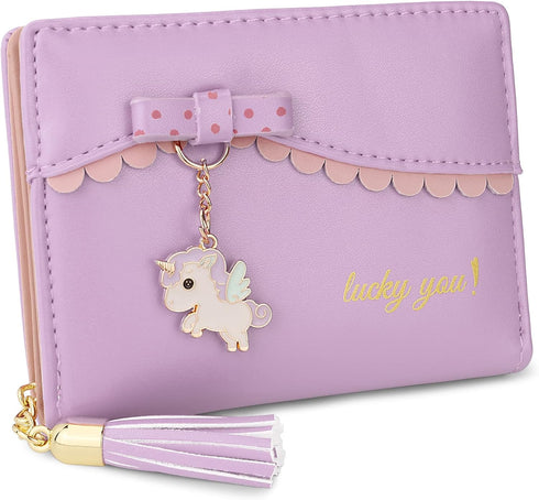 Uromee Girls Wallet Small Card Holder Women Purse Bifold Vegan Leather Zipper Coin Pocket Cute Unicorn Pendant Tassel...