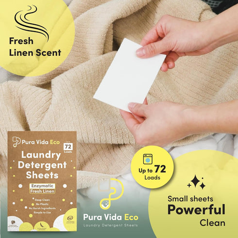 Laundry Detergent Sheets - 36 Sheets (up to 72 Loads) - Fresh Linen Scent - Ideal for Sensitive Skin, Baby Clothes, Travel, & Dorm Living, Eco-Fri...