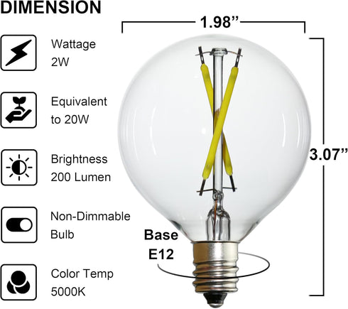 6 PCS G50 LED Bulbs, 2W Equals 20W E12 Base Edison Bulb, Daylight White Light, Clear Glass LED Bulb for Outdoor Patio String Light Pendant Light C...