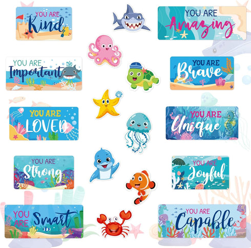 Whaline 26Pcs Ocean Bulletin Board Decoration Set Under The Sea Theme Motivational Poster Marine Animals Cutouts for Back to School Home Classroom...