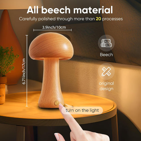 Small Wood Mushroom Lamp, LED Cordless Bedside Touch Lamp, Portable Dimmable Battery Mushroom Lamp for Bedroom Nightstand...
