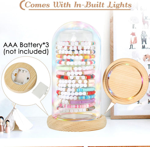 Aolamegs Friendship Bracelets Organizer With Lights, Glass Jewelry Organizer Jewelry Holder With Rustic Wooden Base, Concert Bracelets Stand for S...
