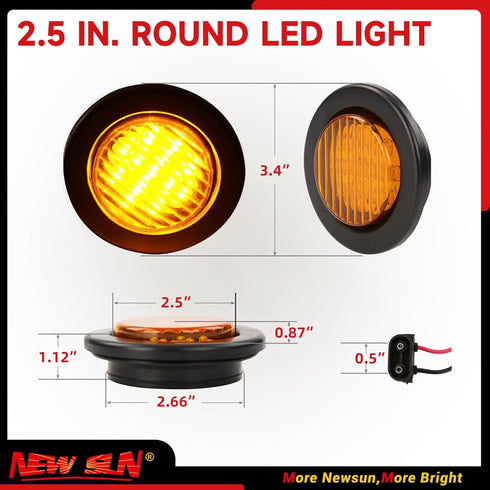 NEWSUN® 2PCS Premium 2.5" Round LED Trailer Lights,13 Amber LEDs Side Marker Lights, Clearance Lights Kits with Grommet & 2-Pin Plug - Universal f...