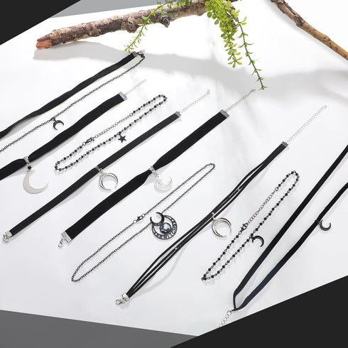 9 Pcs Gothic Choker Necklace Black Star Moon Choker Gothic Necklace Goth Choker Y2k Moon Necklace Rock Necklace Vintage Necklace Christmas New Yea...