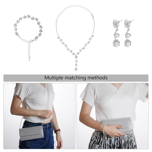 4 Pieces Women Evening Rhinestone Jewelry Set Bling Glitter Silver Clutch Purse Necklace Earrings Bracelets for Women Bride Wedding Evening Party...