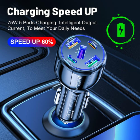 5 in 1 Car Charger Adapter,75W High Power Cigarette Lighter Adapter,QC3.0/PD Super Fast Charging Car Phone Charger Compatible with iPhone 14 13,iP...