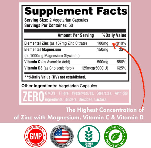 Zinc, Zinc 100mg, Magnesium Glycinate 150mg, Vitamin D3 5000 IU, Vitamin C 500mg Per Serving, Immune support, Immune Booster, Zinc Magnesium, Elem...