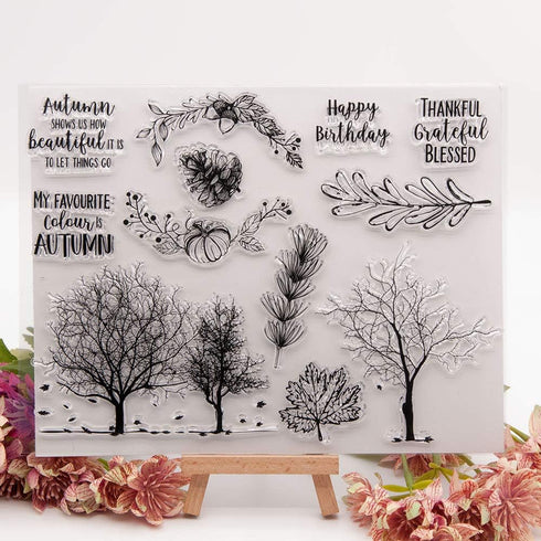 LZBRDY 6.7 by 8.9 Inch Autumn Trees Leaves Pumpkin Fruit Clear Stamp and Die Set for Card Making and Scrapbooking Thanksgiving Silicone Stamps and...