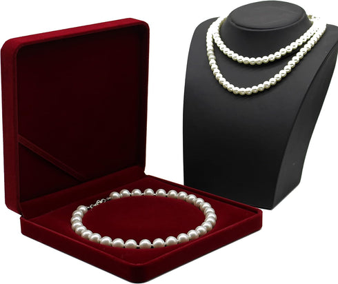 Jewelry Set Velvet Box Necklace Earring Ring Necklace Bracelet Gift Display Case Wedding Jewelry Storage Holder (Red for Pearl Necklace)...