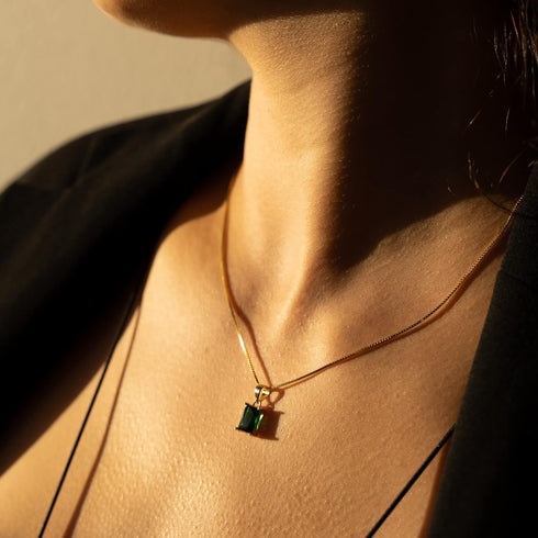 espere Baguette CZ Pendant Necklace | 14K Gold Plated Sterling Silver | Emerald Baguette Pendant Dainty Box Chain Necklace 18''...
